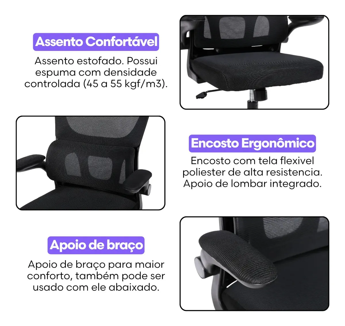 Detalhe aproximado do encosto ergonômico em tela mesh e do apoio de braços retrátil